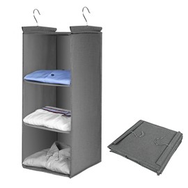 AiQInu Hanging Shelf Wardrobe, Hanging Storage Cupboard Organiser with 3 Compartments, Foldable Space-Saving Hanging Organiser Storage System with Metal Hooks and Bamboo Stick Reinforced