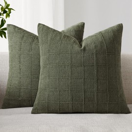 Woaboy Linen Check Throw Pillow Covers Set of 2 - Olive Green Farmhouse Modern Boho Vintage Decorative Cushion Covers for Sofa Couch Bedroom Living Room Decor 18x18 Inch