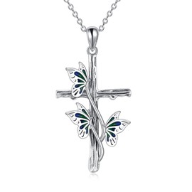 YFN Butterfly Cross Necklace for Women Sterling Silver Abalone Shell Cross Pendant Jewelry Gifts
