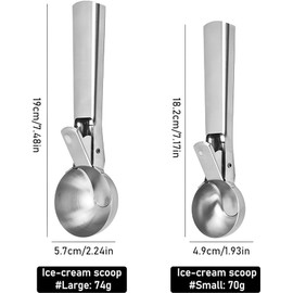 AUSYIWI Ice Cream Scoop，2 PCs Metal Ice Cream Scoop with Trigger，Large 5.7 cm, Small 4.9 cm Triggerscoop for Food，Ice Cream Scope，Ice Scoop,Cookie Scoop，Non Freeze Ice Scoop