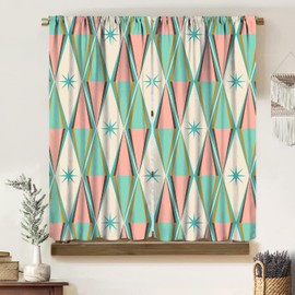 Vintage Atomic Starburst Curtains, Pink Green Blue Mid Century 1950s 1960s Iconic Modern Diamond Geometric Pattern, Blackout Rod Pocket Window Treatments for Living Room Bedroom Bathroom 42x45in