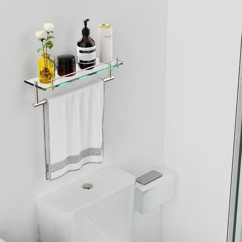 Floating Tempered Glass Bathroom Shelf with Towel Bar - Brushed