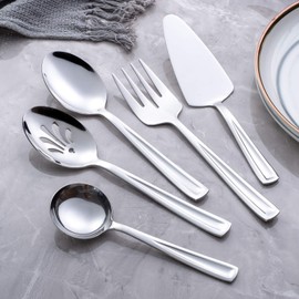 Hostess Serving Utensil Set, GoGeiLi 5-Piece Stainless Steel Flatware Silverware Serving Set, Include Pie Server, Serving Spoon, Slotted Serving Spoon, Serving Fork and Gravy Ladle