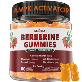 Berberine Gummies 1500mg Sugar Free, Organic Berberine Supplement w/Ceylon Cinnamon, Chromium, Turmeric, Milk Thistle for Metabolism Balanced, Berberine HCl from Indian Barberry Extract, Vegan 60 Cts