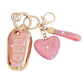 ZVRSUA Car Key Case with Diamond Key Fob - Compatible with Peugeot 2008 3008 5008 308 508 for Opel 3 Grandland X Mokka Corsa Insignia,Smart Key,3 Buttons (Pink)