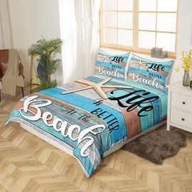 Manfei Beach Starfish Duvet Cover Set King Size, Life is Better at The Beach Comforter Cover with 2 Pillowcases, Rustic Farmhouse Style Plank Print Bedding Set 3pcs for Kids Boys Teens Bedroom Decor