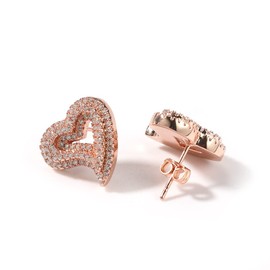 Iced out Cubic Zirconia Heart Stud Earrings for Women Girls Sensitive Ear Dainty Trendy 925 Sterling Silver Post Sparkly Diamond Hollow Heart Hypoallergenic Studs Wedding Jewelry Gifts (Rose Gold)