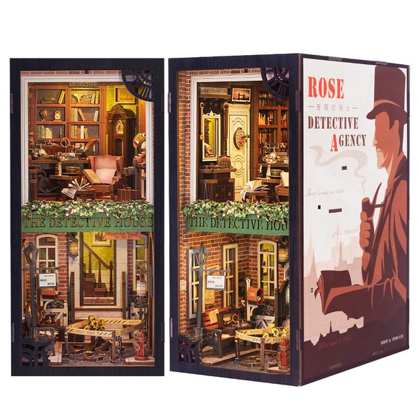 Cutefun Rose Detective Agency，DIY Book Nook Kits for Adults - Wooden Dollhouse- 3D Puzzle with LED Lights - Miniature House Kit for Collectors and Decorations