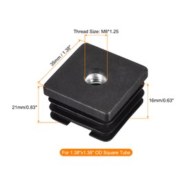 Uxcell 8Pcs M8 Threaded Square Tube Inserts - Black Plastic Plug Caster Inserts for 1.38"x1.38" OD Square Tube, Chair End Caps, Furniture Leg Plugs
