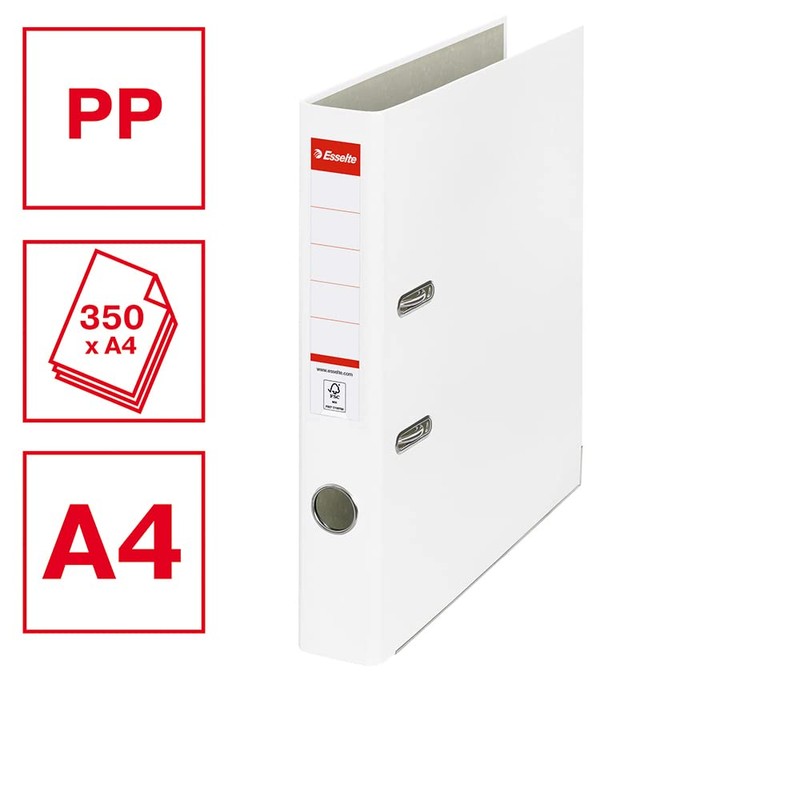 Esselte A4 Lever Arch File, White, 52mm Spine, Plastic, Pack