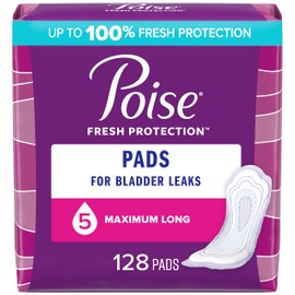 Poise Incontinence Pads & Postpartum Incontinence Pads, 5 Drop Maximum Absorbency, Long Length, 128 Count, Packaging May Vary
