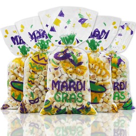 Mardi Gras Goodie Bags, 100 Pieces Masquerade Mask Pattern Clear Candy Cellophane Treat Bags with Gold Twist Ties, New Orleans MardiGras Happy Carnival Party Favors for Girls Women Gift Bags