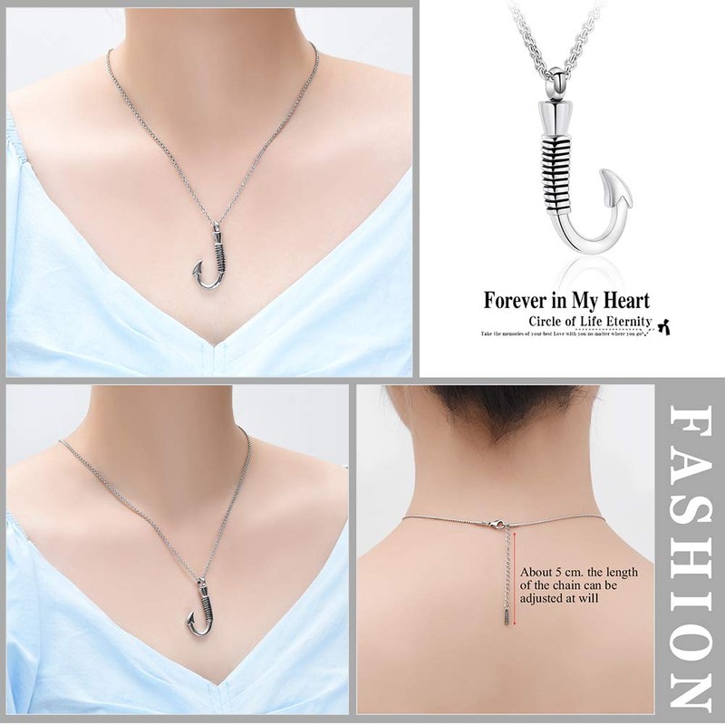 Hearbeingt Fish Hook Cremation Jewelry for Ashes, Memorial Urn Necklace