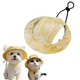 JINGYAN Dog Sun Hat with Ear Holes，Dog Cat Summer Beach Visor Hat，Adjustable Small and Medium Dog Tie-Dye Cotton Fisherman's Hat for Hiking，Beach & Camping (Yellow, Small)