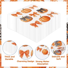 100Pcs Fall Napkins Bow Pumpkin Napkins Thanksgiving Paper Cocktail Napkin Disposable Autumn Bow Pumpkin Guest Hand Towels for Fall Thanksgiving Autumn Harvest Holiday Party Decorations