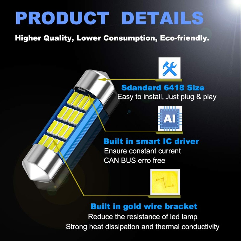 2PCS 6418 LED Car Bulb 1.42in 36mm Festoon LED Light