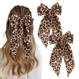 Ptwola 10 Pcs Women Hair Bow Clips Ribbon Silky Satin with Over Sized Long Tail Soft Large Leopard Barrettes Cute Aesthetic Vintage Big Metal Bow Hair Accessories for Girls Ponytail