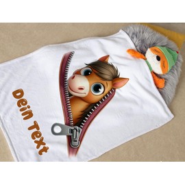 GRAZDesign Babydecke mit Namen personalisiert Pferd lustig Reisverschluss Kuscheldecke für Baby Geschenk zur Geburt, Taufe 100x75cm - Kuscheldecke