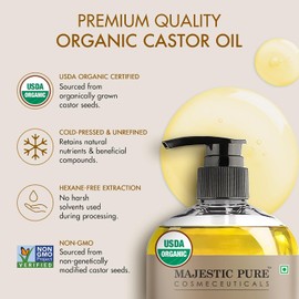 MAJESTIC PURE Usda Aceite De Ricino Orgánico Sin Hexano Y 100% Puro Prensado En Frío Estimular El Crecimiento Del Cabello, Pestañas, Cejas, Uñas Hidratante Y Nutritivo Cuerpo, Cabe