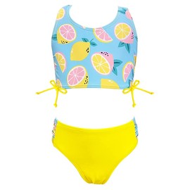 SHEKINI Girls' Two Piece Swimsuits Beautiful Print Pattern Sporty Vest Drawstring Bikini Top with Triangle Bikini Bottoms Girls Swimwear for 6-14 Years, yellow