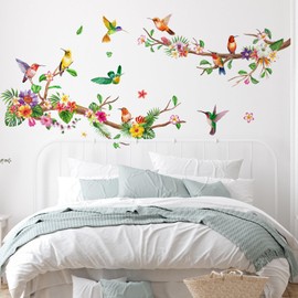 Zonon 6 Pieces Flowers Wall Decals Vinyl Dragonflies Flowers Wall Stickers Removable Floral Wall Murals Peel and Stick Colorful Flower Wall Decor for Bedroom Living Room Nursery(Hummingbirds)