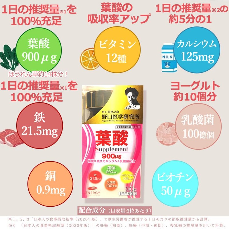 【管理栄養士・薬剤師監修の葉酸サプリ】 葉酸900μg配合 野口医学研究所 葉酸＆鉄＆カルシウム＋乳酸菌 葉酸900μg 90粒（約30日分）