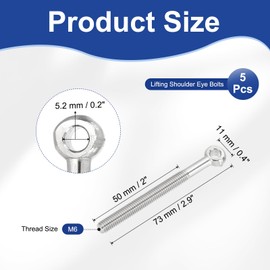 PATIKIL M6x73mm Lifting Shoulder Eye Bolts, 5 Pcs Machinery Shoulder Lifting Screw Bolt 304 Stainless Steel Threaded Screw Eyebolt for Lifting Hanging Valves Fasteners, Silver