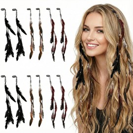 12 Pcs Clip in Hair Feathers Extensions Kit 14 in Long Boho Feather Hair Clips for Women, DIY Hippie Festival Accessories, Tribal Headdress for Mardi Gras Cosplay Party (Black, Brown, Yellow)