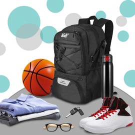 Basketball Backpack Large Sports Bag with Separate Ball Holder & Shoes Compartment, Best for Basketball, Soccer, Volleyball, Swim, Gym, Travel (Black)