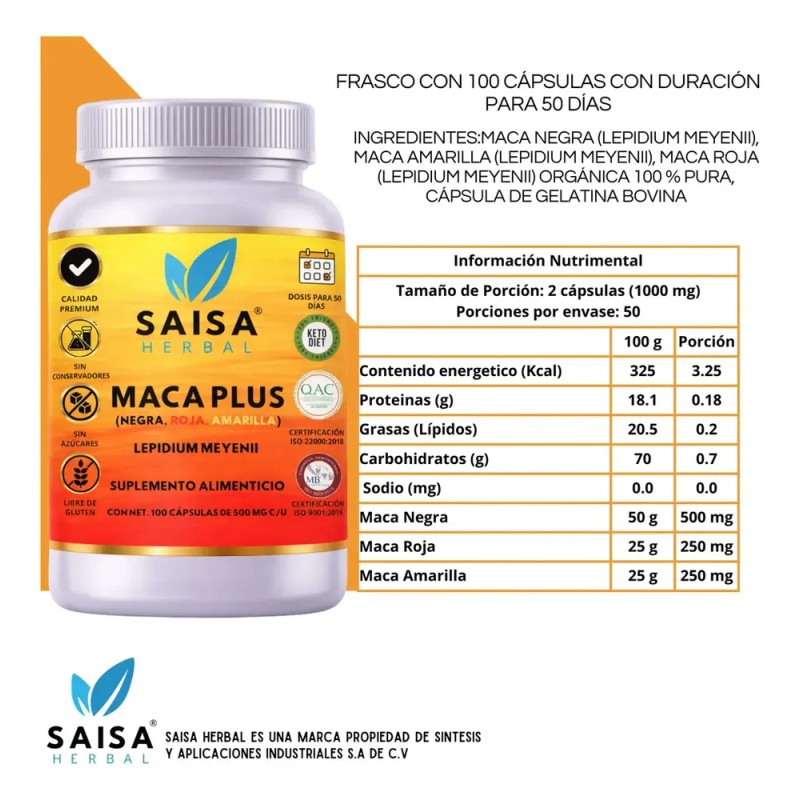 Maca Plus Maca Negra Maca Roja Maca Amarilla 100 cápsulas