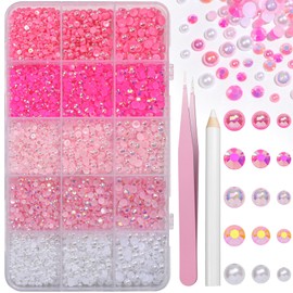 12000 Pcs Pink Color Flatback Nail Pearl and Resin Rhinestones for Crafting, Mixed Sizes 3/4/ 5 mm Jelly Rhinestone for Bedazzling, Half Pearls for Nails Gems Crystal DIY Mugs Makeup Crafts