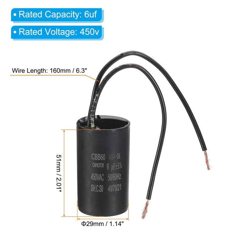PATIKIL 6uf CBB60 Run Capacitor, AC 450V 2 Wires 50/60Hz