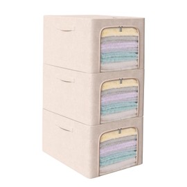 GuliPostan 3 Slim Clothes Storage Bins for Shelf, Foldable Fabric Clothes Storage Box with Metal Frame,Clothing Storage Bins with Lid,Zippers,Durable Handles (Beige,49L)