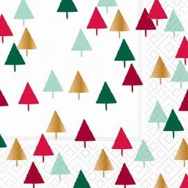 Merry Mix Trees Party Napkins 32 Count | 2 Packages of 16CT 3-Ply Beverage Napkins | Festive Christmas Design