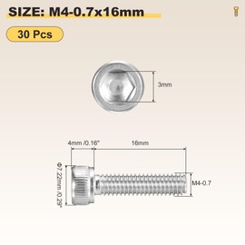 METALLIXITY Socket Head Cap Screw(M4-0.7x16mm)30Pcs, 304 Stainless Steel Allen Socket Drive Metric - Machine Internal Hex Screw UNC Coarse Thread, Silver Tone