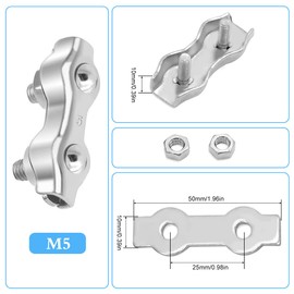 LYCXAMES M5 Duplex Clamp, Pack of 8 Wire Rope Clamp, Stainless Steel 304 Cable Clamp, 5 mm Wire Rope Steel Cable Washing Line Awning Fixed