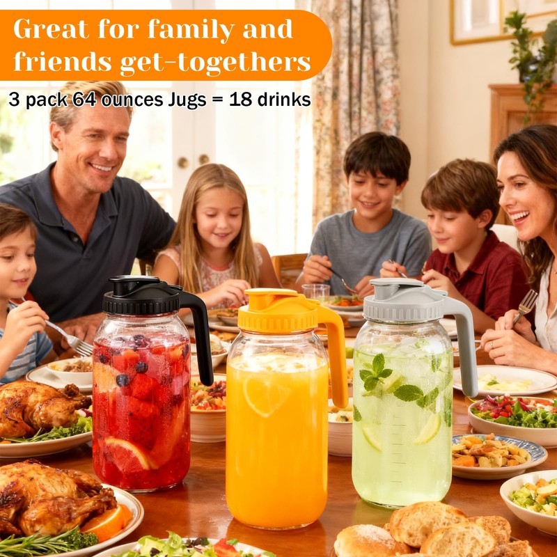 3 Pack Glass Pitchers with Lid, 64 oz Sun Tea