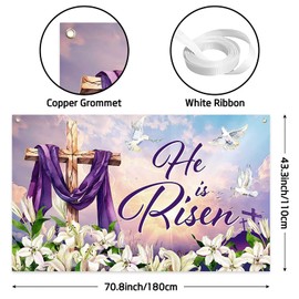 Wollmix He is Risen Easter Banner Decorations 70.8x43.3 Inch - Religious Resurrection Party Backdrop with Jesus Cross Eggs Florals Spring Indoor Outdoor Photo Booth Prop Supplies