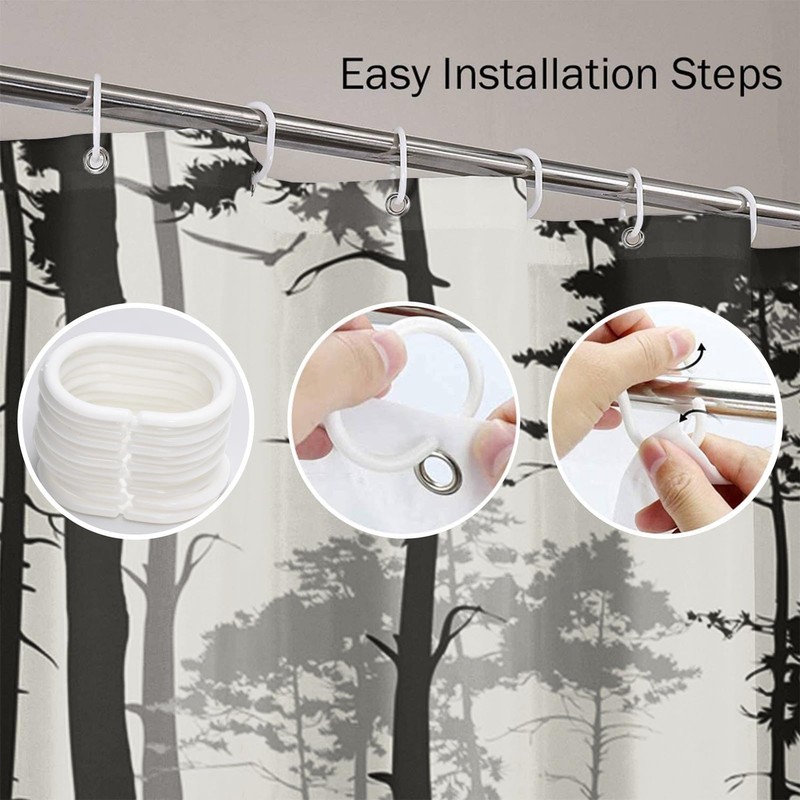 Semtomn Decorative Shower Curtain Silhouette of Pine Forest Family Deer