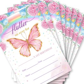 Soiceu Floral Butterfly First Birthday Invitations with Envelopes Set of 20 Rainbow Butterfly Girl 1st Birthday Party Invites Fill in Blank