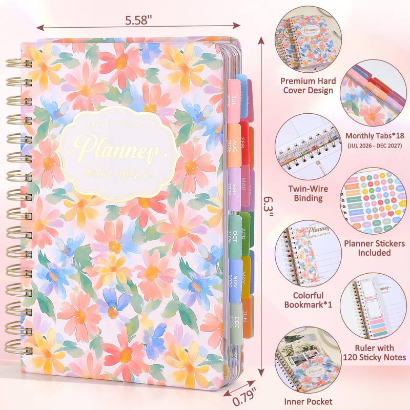 Planner 2026-2027, Floral 18 Months Academic Daily Weekly Monthly Planner