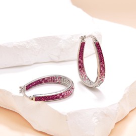 ZVVBOO Crystal Hoop Earrings - Silver Plated Inside Out Oval Shape Hoop Earrings for Women, 1.2 Inch, Crystal, crystal, Rose Red