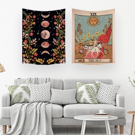 Ulticool Tapestry Decoration Home - Sun Nature Flowers Tarot Horoscope Retro - Set of 2 Designs - 73 cm x 95 cm - Wall Cloth - Accessories for Bedroom Living Room Children's Room