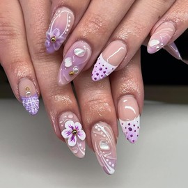 KTAABTR 3D Flower Press on Nails Almond Shaped Acrylic Nails Purple Fake Nails with Glue Medium False Nails Stick on Nails for Woman Girls French Tip Design Artificial Nails Decoration Supply 24Pcs