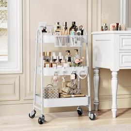 KINGRACK 3 Tier Metal Utility Rolling Cart, Rolling Storage Organizer, Craft Art Cart with Handle and Locking Wheels & 2 Hanging Baskets 4 Hooks for Bathroom, Bedroom (White with Basket and Hooks)
