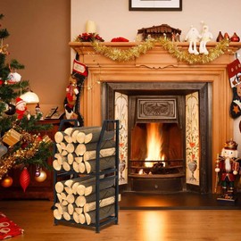 VyGrow Firewood Rack for Indoor, 2-Tier Firewood Holder with 3 Hanging Hooks, Heavy Duty Wood Rack for Outdoor Patio, Black, 11.8" D x 15.7" W x 31.9" H