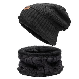 Daysskk Knitted Hat and Scarf Set for Men and Women Winter Hat with Fleece Lining Warm Winter Hat for Men and Women, black