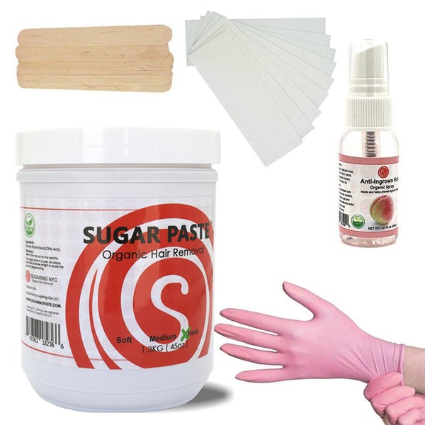 Sugaring Hair Removal Hard Paste for Bikini line, Brazilian, Underarms and Thick Hair Kit 1.3kg 45Oz - Includes - Sugaring Paste Jar, Anti-Ingrown Solution, Strips, Gloves and Applicators