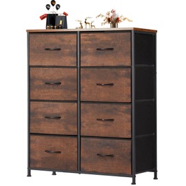 OLIXIS Dresser for Bedroom, 8 Storage Drawers, Tall Large Fabric Storage Tower Organizer, Chest of Drawers with Metal Frame Wooden Top for Nursery, Closet, Living Room, Entryway, Classic Rust Brown