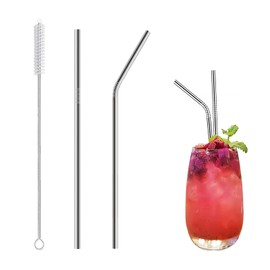 2 Stainless Steel Straws with Cleaning Brush, Reusable Eco Straws, Thin, Diameter 0.2 inches (6 mm) x Length 8.3 inches (210 mm) (Silver B)